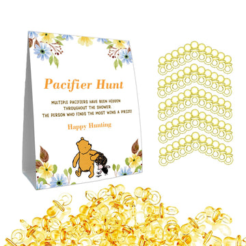 Guawubiang Winnie Mini Pacifiers Baby Shower Game, Pacifiers Hunt Sign, Pooh Themed Baby Shower Game Set, 50Pcs Yellow Mini Paci