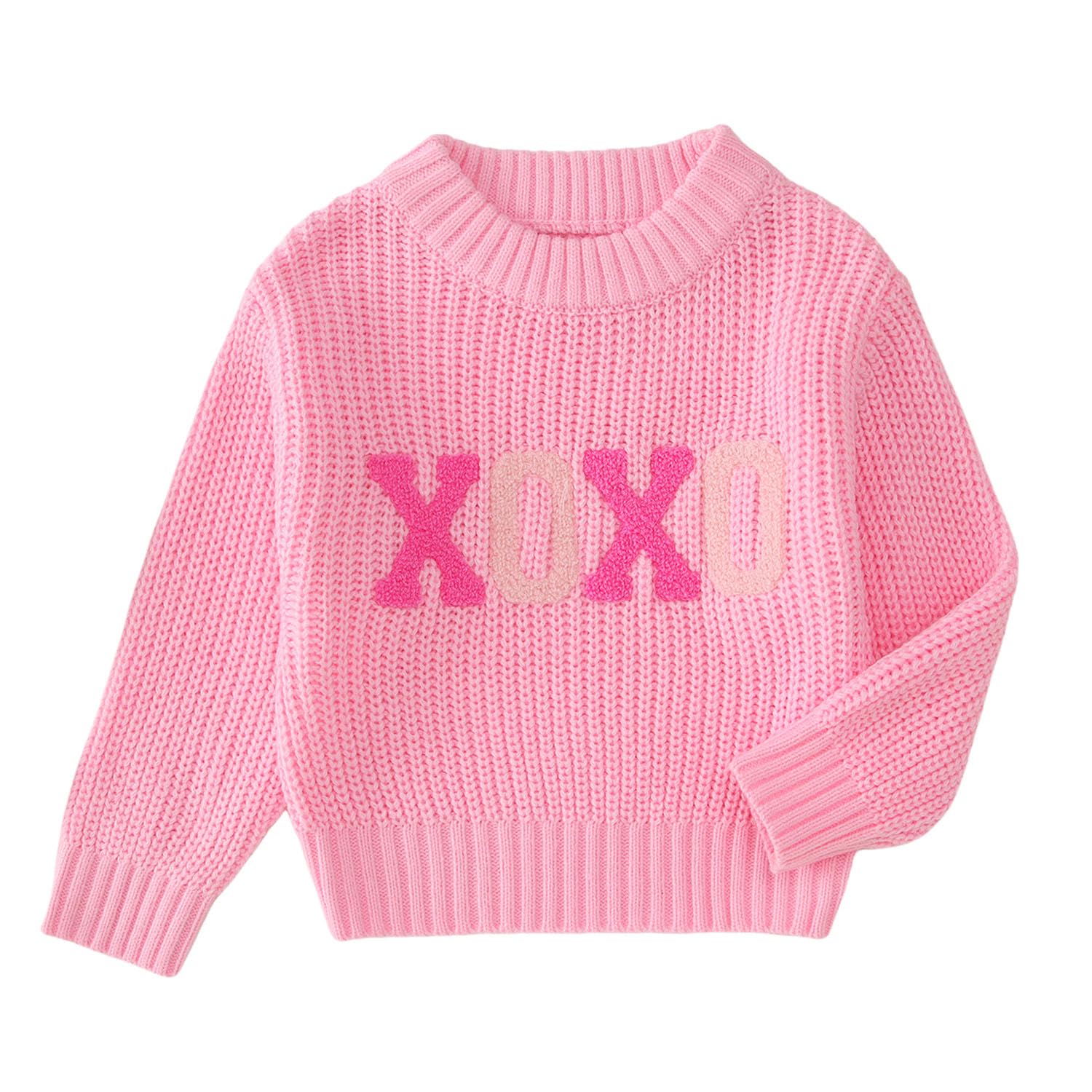 Toddler Girl Valentine'S Day Sweater Xoxo Chenille Patch Knit Sweater Chunky Long Sleeve Pullover Fall Winter Tops(Pink,5T(110))