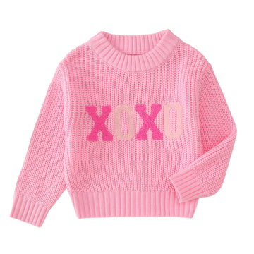 Toddler Girl Valentine'S Day Sweater Xoxo Chenille Patch Knit Sweater Chunky Long Sleeve Pullover Fall Winter Tops(Pink,4T(100))
