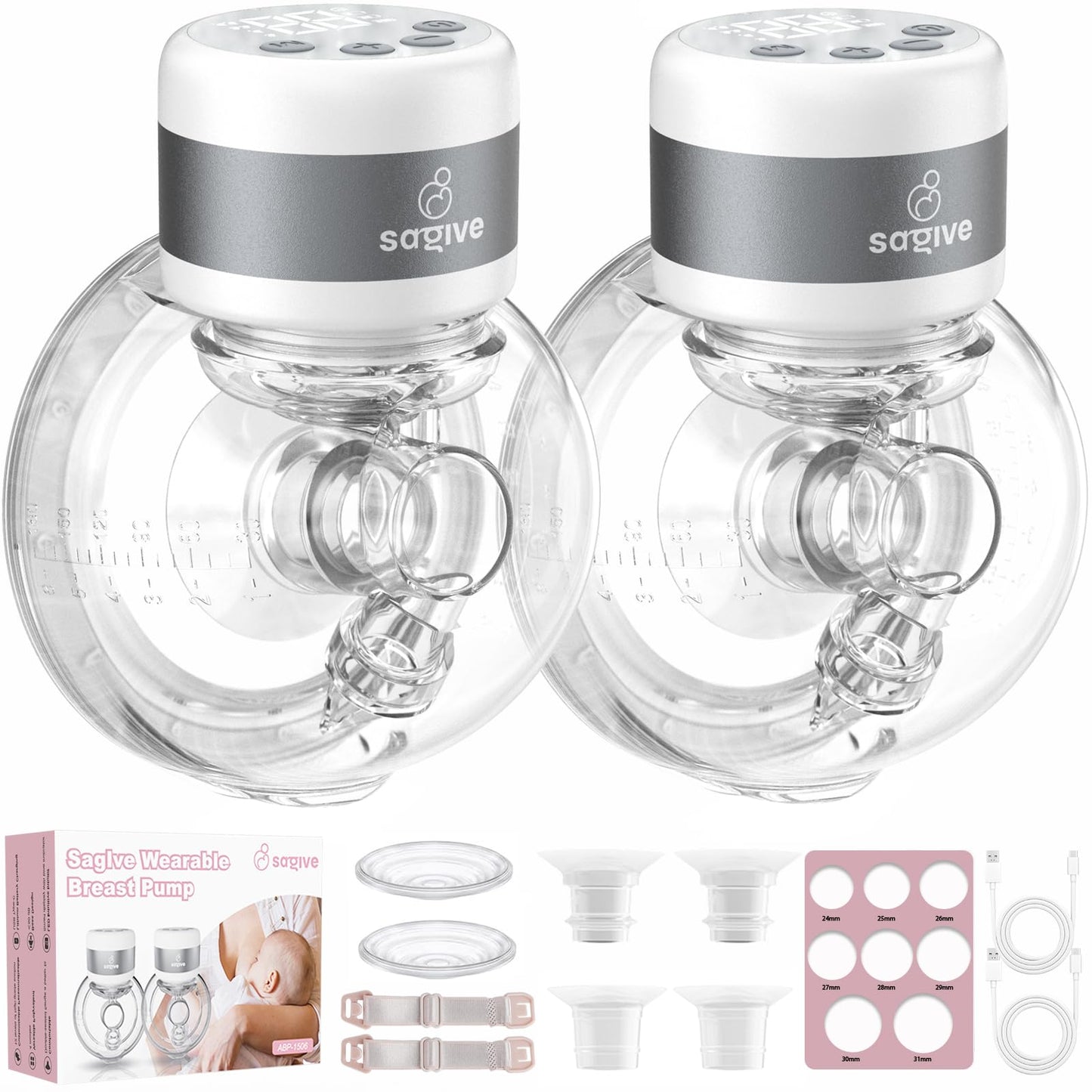 Saglve Wearable Breast Pump ABP-1506, Strong Suction Hand Free Double Electric Breast Pumps with 3 Modes & 9 Levels LED Display 