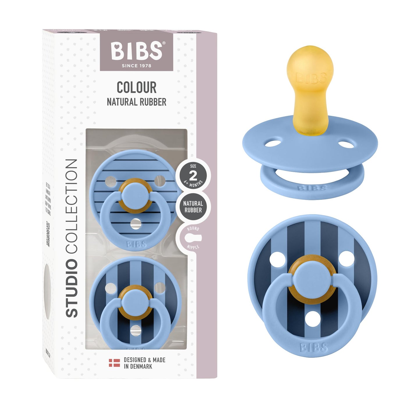 BIBS Pacifiers - Colour Studio 2 Pack | Round Nipple Baby Pacifier | BPA Free Natural Rubber Latex Soother | Made in Denmark | S
