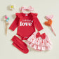 Beqeuewll Baby Girl Valentines Day Outfits Letter Print Long Sleeve Romper Tutu Skirt Headband Set Newborn Baby Girls Clothe (Li