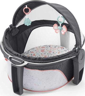 Fisher-Price Portable Bassinet On-The-Go Baby Dome, Travel Play Space with Developmental Newborn Toys & Canopy, Pink Pacific Peb
