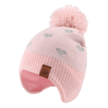 Jangannsa Knitted Baby Hat Scarf Set Winter Warm Boys Girls Beanie Fleece Lining Toddler Kids Hats With Pompom (Pink Heart Hat,