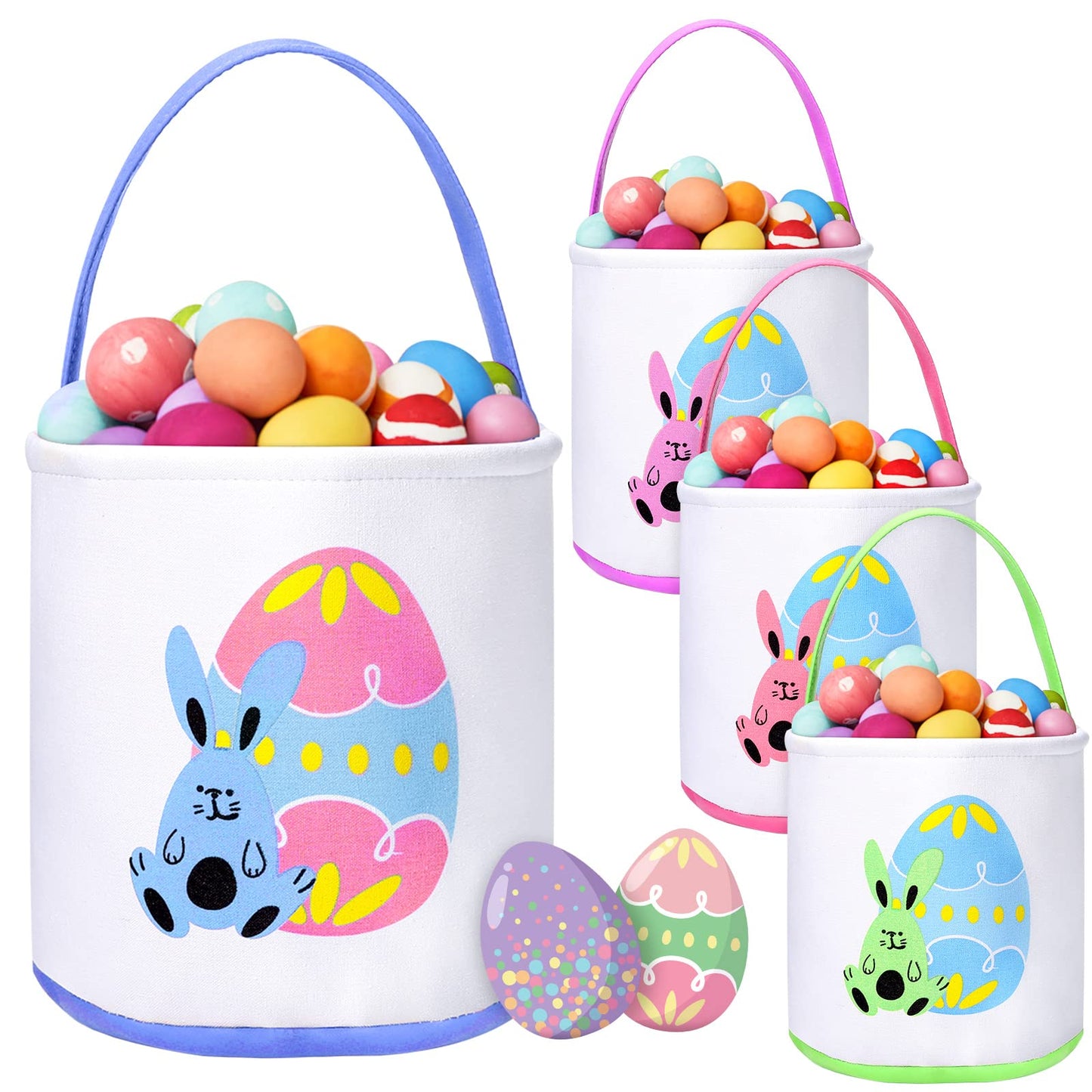 Honeydak 4 Pcs Easter Bunny Basket Bags For Kids Canvas Bunny Totes Bag Bucket For Easter Eggs Toys Rabbit Easter Hunt Basket Wi