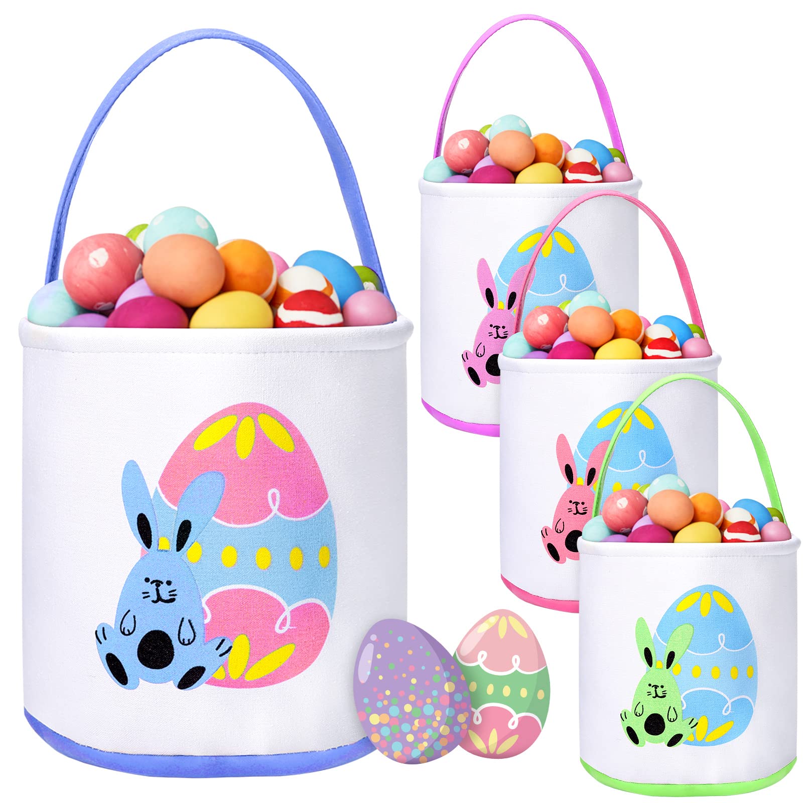 Honeydak 4 Pcs Easter Bunny Basket Bags For Kids Canvas Bunny Totes Bag Bucket For Easter Eggs Toys Rabbit Easter Hunt Basket Wi