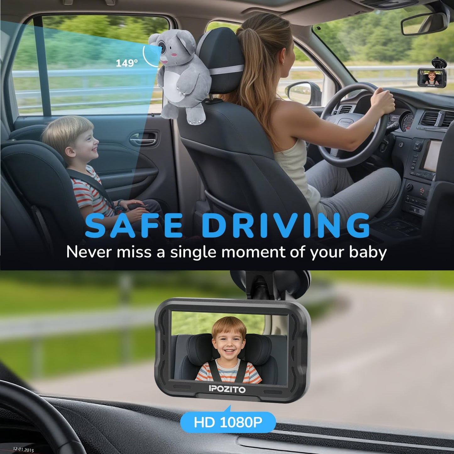 IPOZITO Baby Car Camera with 1080P HD Night Vision Koala Rear Facing Car Seat Camera to Easily Observe Your Babys Move for Kids