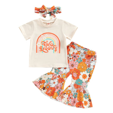Lamuusaa Toddler Baby Girl Birthday Outfit Groovy One/Two Groovy Romper Shirts Flower Bell Bottoms Headband Boho Clothes