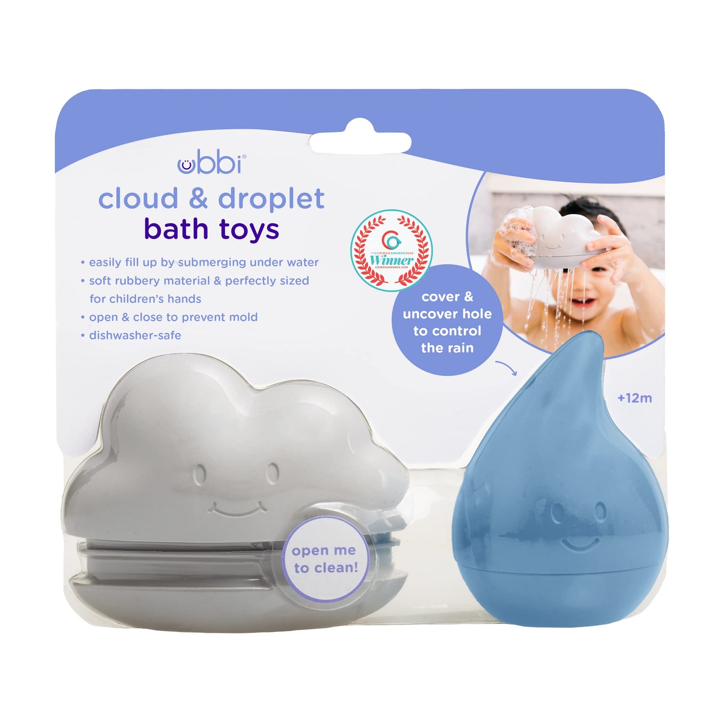 Ubbi Muted Color Cloud and Droplet Silicone Bath Squeeze Toys for Toddlers and Baby, Fun Interactive Bath Time Accessory, Set of