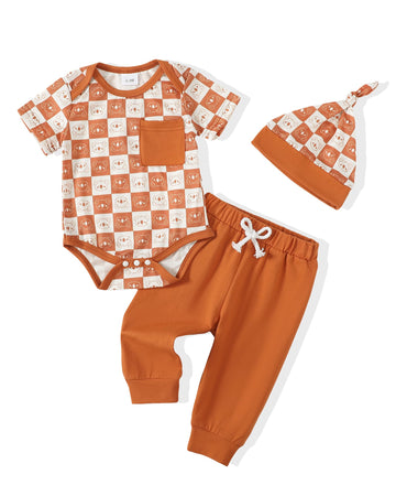 Nzrvaws Baby Boy Clothes 0-3 Month Infant Newborn Boy Outfit Plaid Romper Long Pants Set Hat 3Pc Summer Clothing