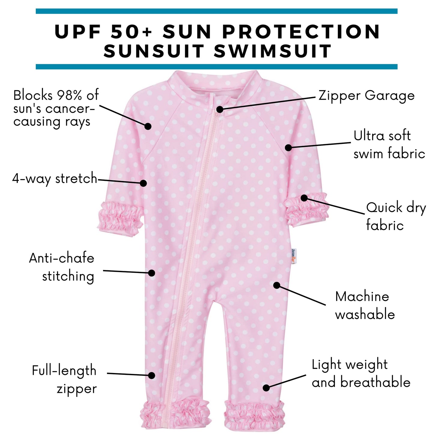 Swimzip Baby Girl Long Sleeve Sunsuit With Upf 50+,Sassy Surfer Pink Dots,6-12 Months