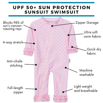 Swimzip Baby Girl Long Sleeve Sunsuit With Upf 50+,Sassy Surfer Pink Dots,6-12 Months