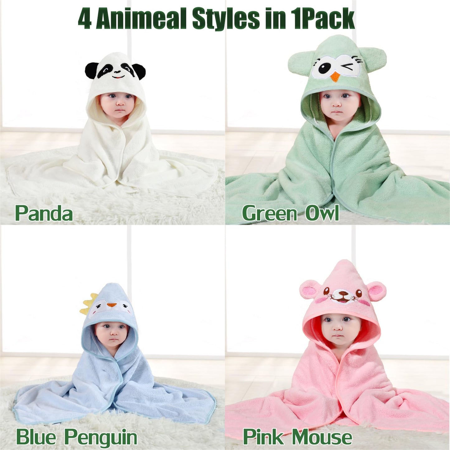 Kmilro 4 Styles Hooded Baby Towels, Premium Coral Fleece Ultra Soft Absorbent 32 X 32 Inch Unisex Baby Bath Towel For Newborns,