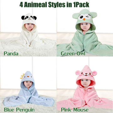 Kmilro 4 Styles Hooded Baby Towels, Premium Coral Fleece Ultra Soft Absorbent 32 X 32 Inch Unisex Baby Bath Towel For Newborns,