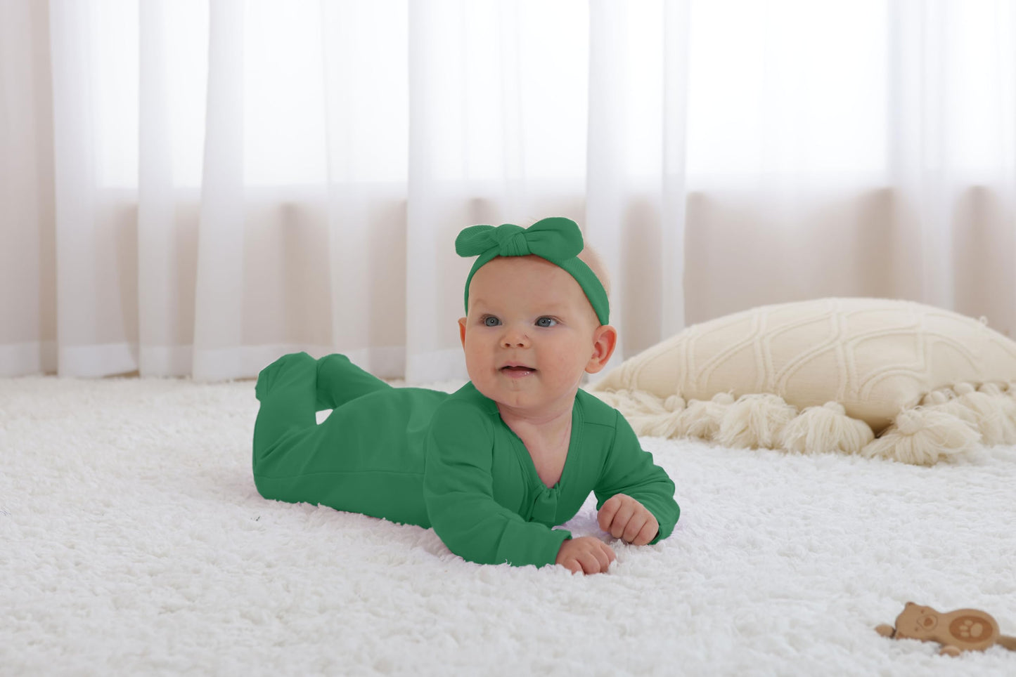 Guisby Footed Long Sleeve Baby Pajamas With Zipper Cotton Infant Sleepers Dark Green+Green Grey Newborn