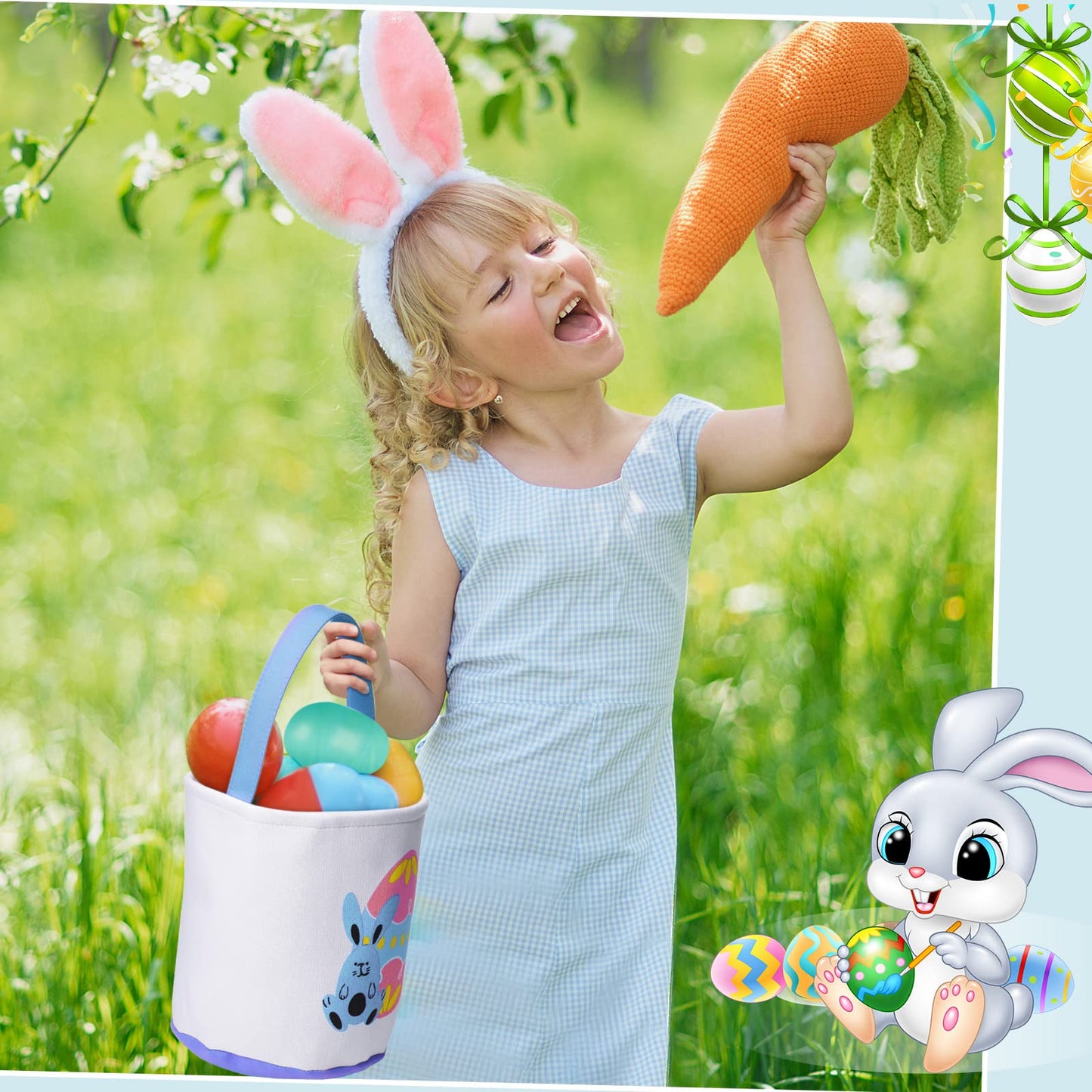Honeydak 4 Pcs Easter Bunny Basket Bags For Kids Canvas Bunny Totes Bag Bucket For Easter Eggs Toys Rabbit Easter Hunt Basket Wi