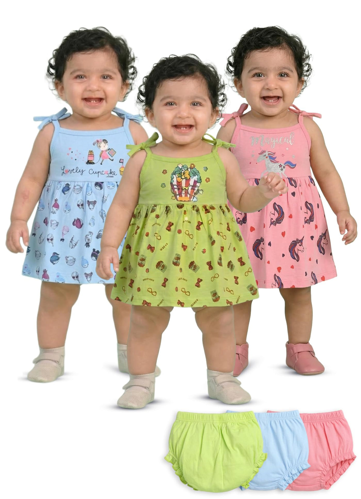 Mi Kidz Pure Cotton Frock And Panty Set With Shoulder Strap  Pack Of 3