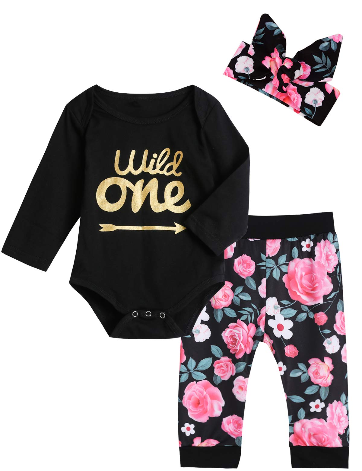 Shalofer 1St Birthday Girl Outfit Baby Girls First Birthday Outfit Wild One Floral Shirt(Black Long, 6-12 Months)