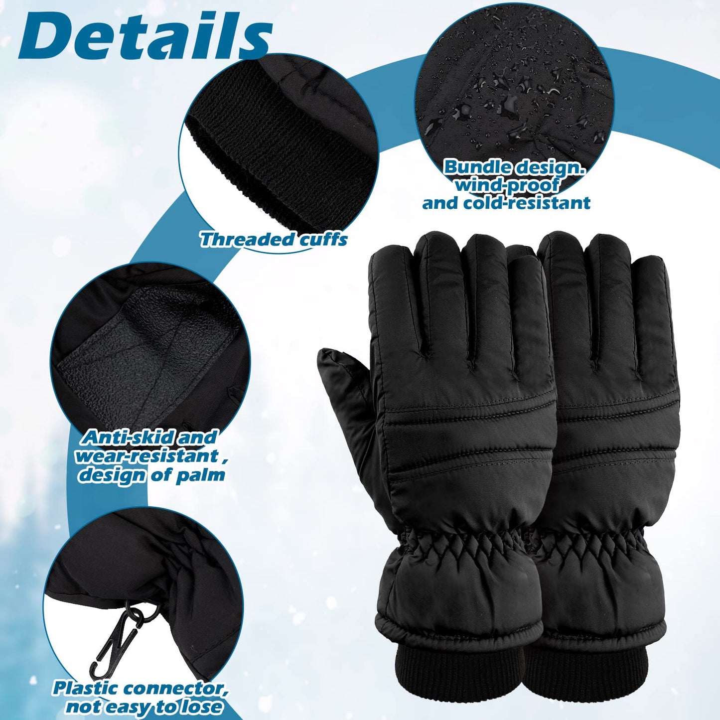 2 Pairs Kids Winter Ski Gloves Waterproof Warm Snow Mittens Full Finger Gloves For Toddlers Infants (Black, Navy Blue, 3-6 Years