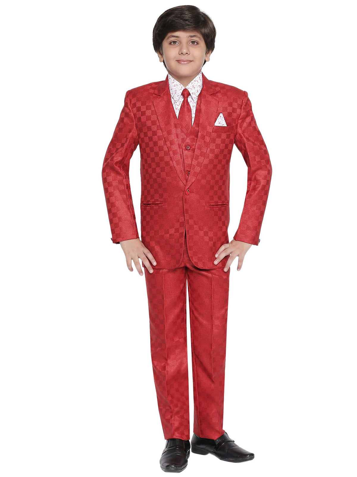 Jeetethnics Boys Red Checked Coat Suit Set With Waistcoat Shirt And Trousers (9061Aq)