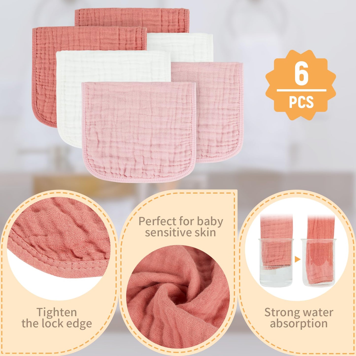 Migiol Baby Burp Cloth 100% Cotton Newborn Cotton Muslin Burp Cloth 10X20 Inches (White & Pink 6 Pieces)