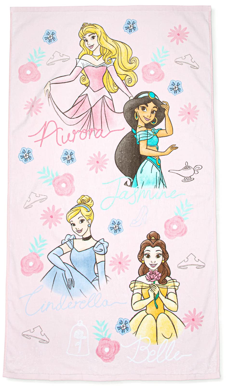 Jay Franco Disney Princess Charming Bath/Pool/Beach Towel Featuring Cinderella, Belle, Jasmine, & Aurora - Super Soft & Absorben