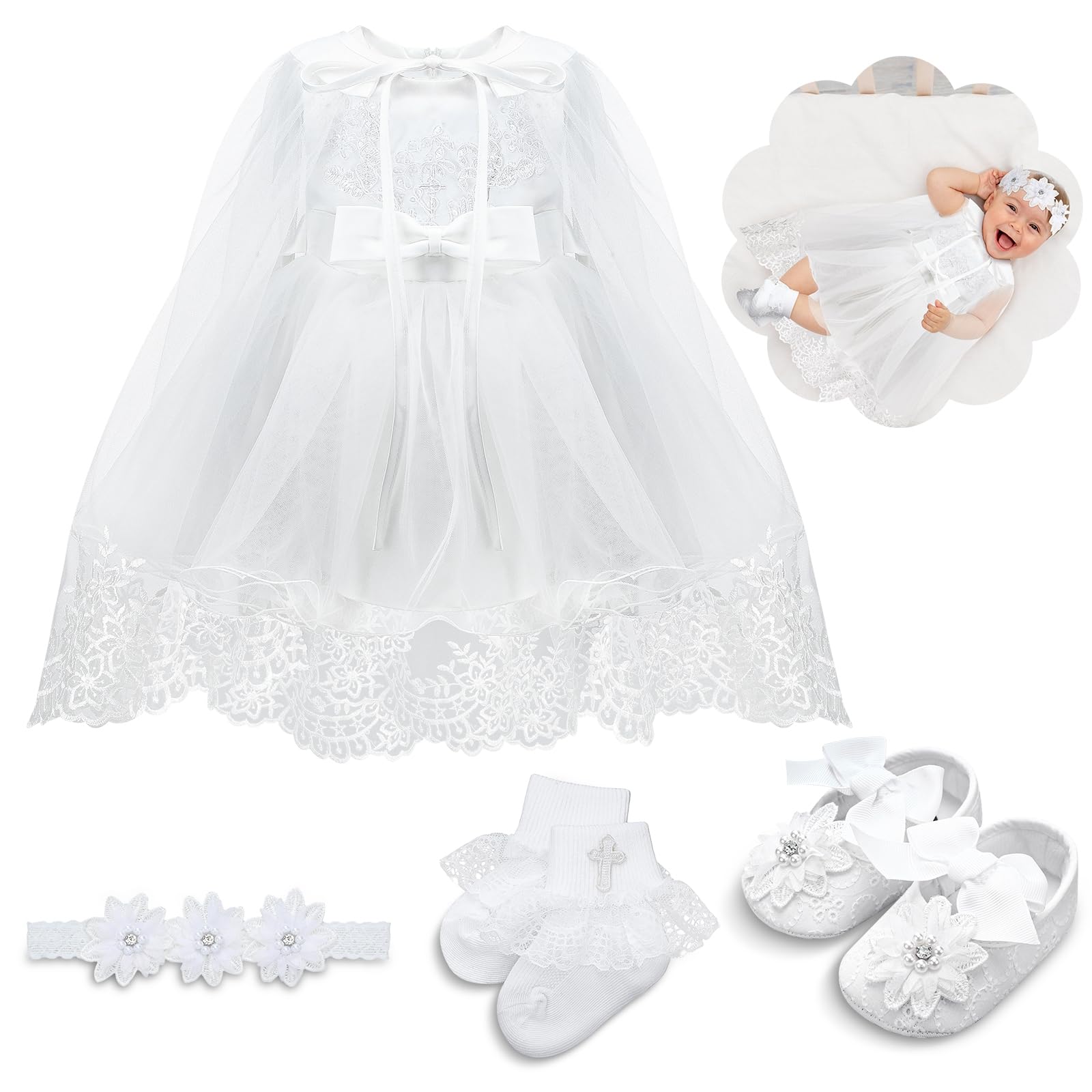 Cutecrop 5 Pcs Baptism Outfit for Baby Girls Christening Outfit Socks Shoes First Communion for Infant Toddler(6-12 Months)