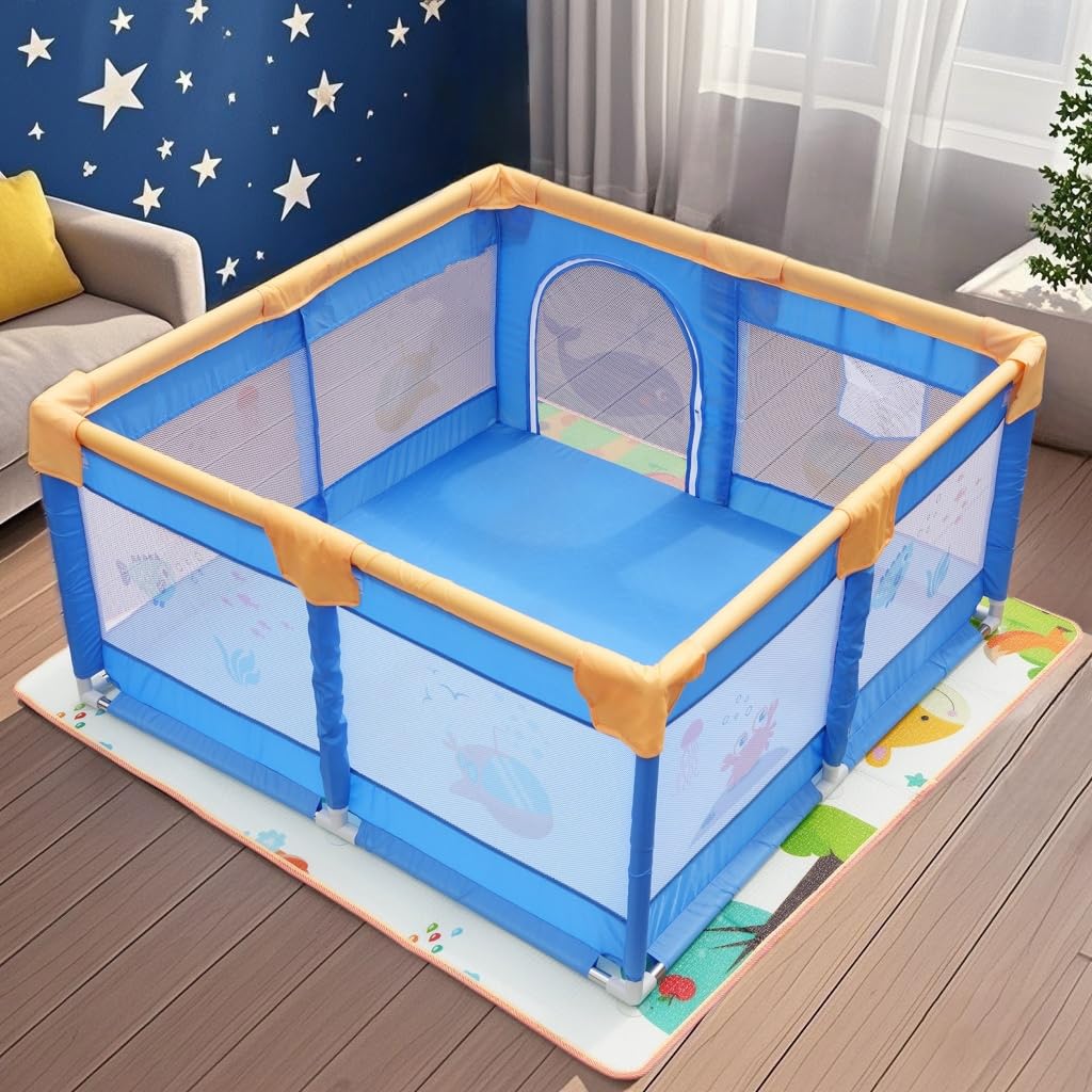Dawnwake 120 X 120 Cm Small Playpen For Baby 6M3Y, Baby Playard With AntiFall Grasp Rings & Safety Lock ((No Mat/No Ball, Non