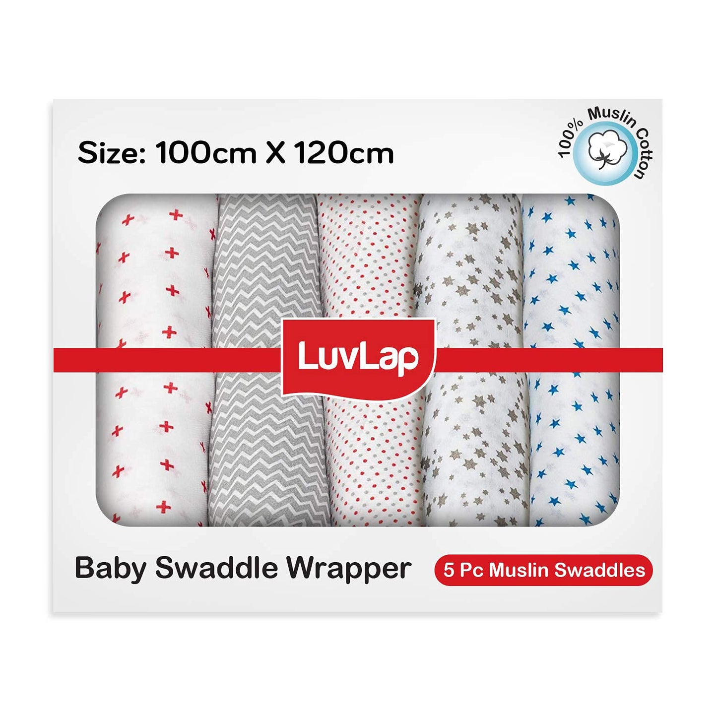 Luvlap 100% Cotton Muslin Baby Swaddle Set, Baby Towel, Size120Cm X 100Cm (47X39), Dots Stars Zigzag Print, 018 Month+, Prin