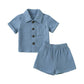 Baby Boys Clothes Set Toddler Infant Boys Button-Down Shirt Tops + Cotton Gauze Pants Summer Outfit 2Pcs With Pockets (Grey-Blue