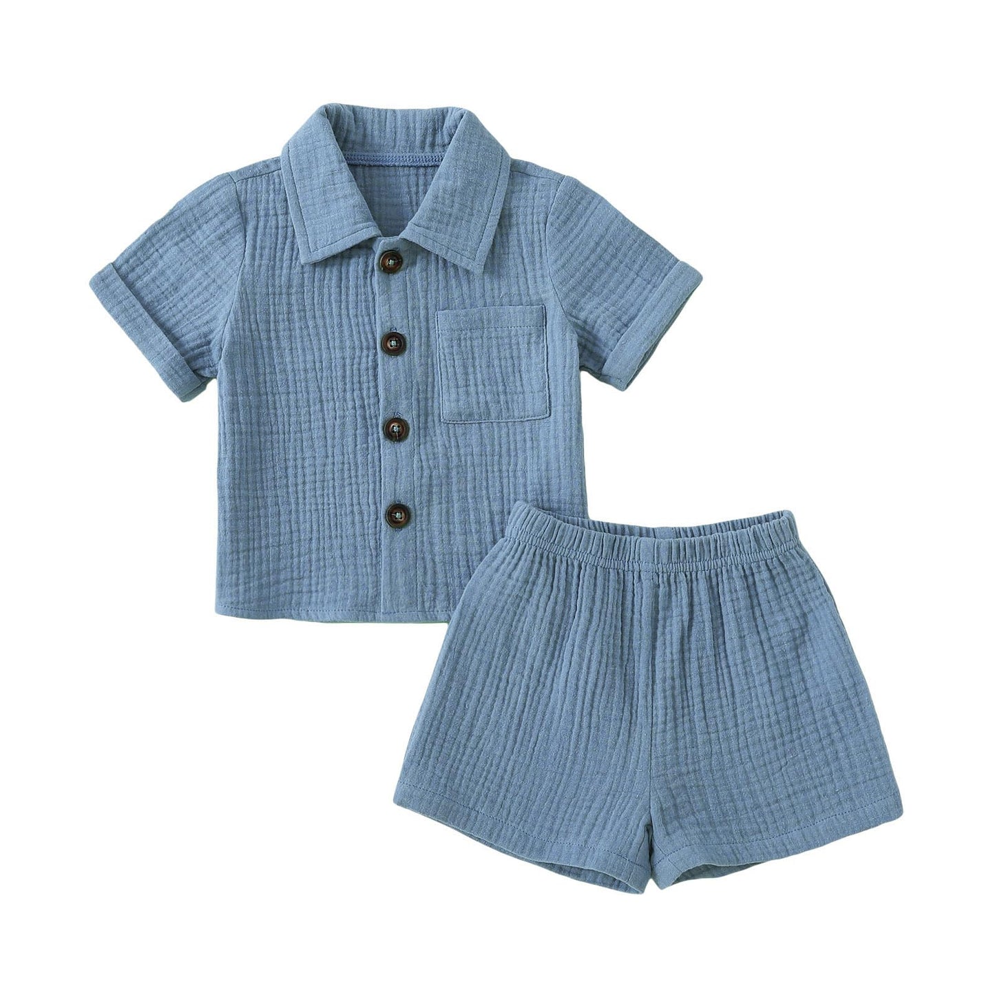 Baby Boys Clothes Set Toddler Infant Boys Button-Down Shirt Tops + Cotton Gauze Pants Summer Outfit 2Pcs With Pockets (Grey-Blue