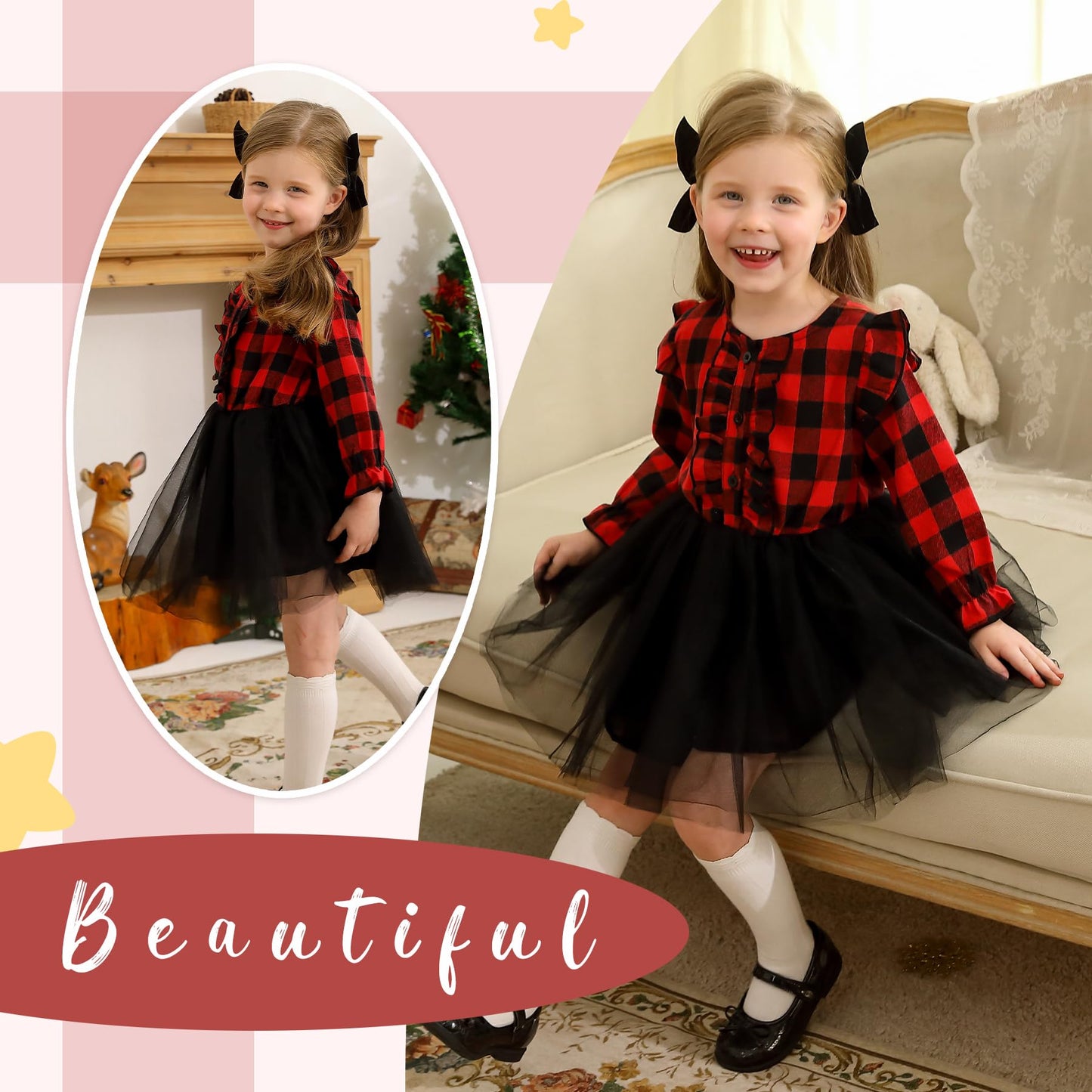Younger Tree Toddler Kids Girls Clothes Christmas Dress Ruffle Red Plaid Black Mesh Skirt Outfits Overall Fall Winter (2-3T, Red
