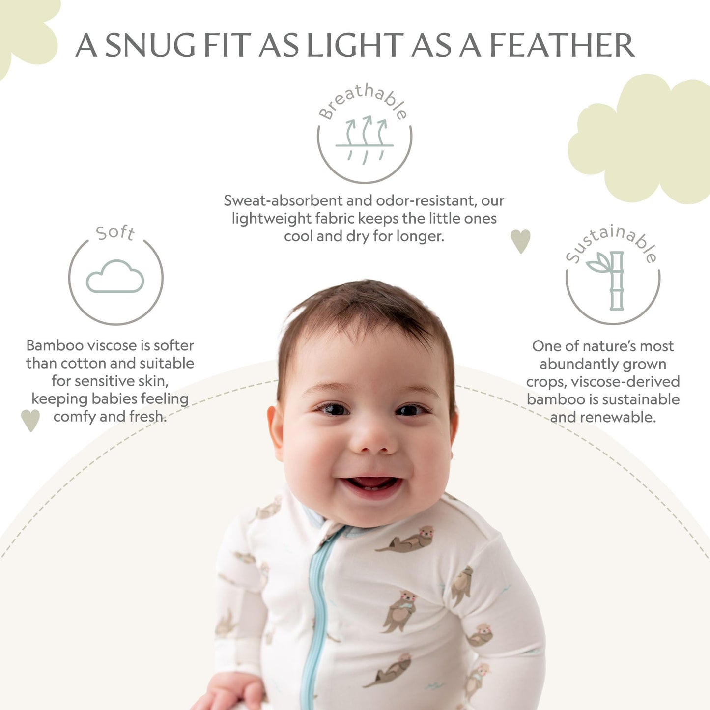 Soft Bamboo Viscose Footies, 2-Way Zipper, Unisex, 3-6 Months, Otter, 95% Viscose Made From Bamboo, 5% Spandex - Imported