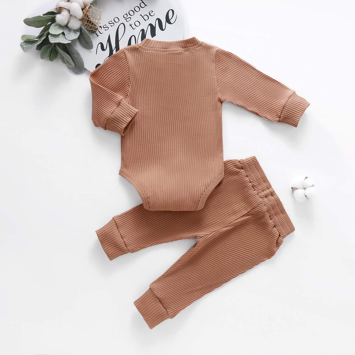 Baby Newborn Girls Boys Long Sleeve Clothes Striped Romper & Pants Set Infant Fall Winter Cotton Outfits (B-Brown, 6-12 Months)