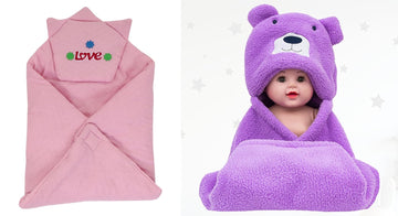 CTMKIDS Baby Wrap with Cap for Kids 74x74 cm  Pink & Baby Hooded Cum Wrap Blanket for Kids 92x66 cm  Purple