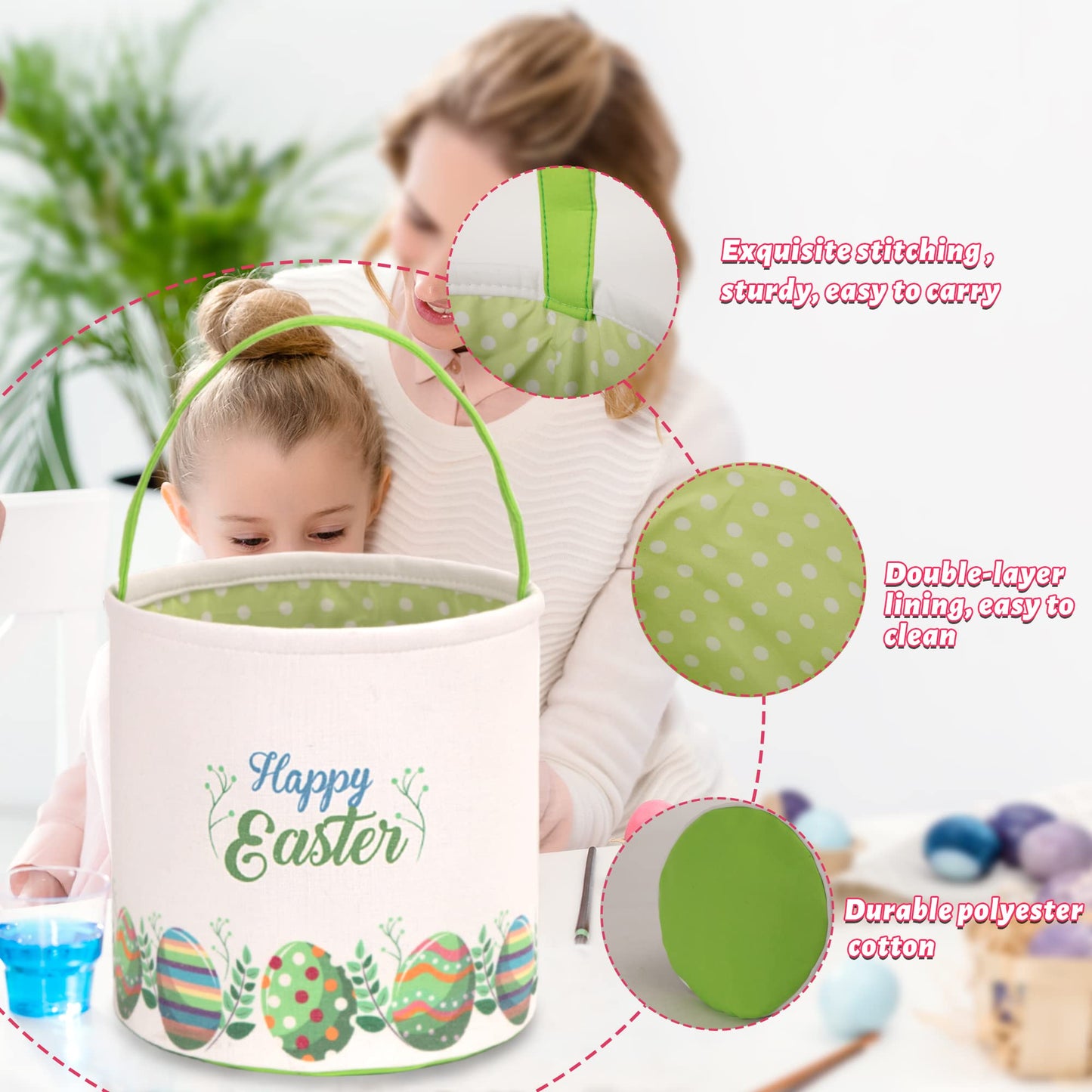 Lessmo 2 Pcs Easter Bunny Basket Egg Buckets Gifts Tote Bags, Canvas Cotton Pink Green Cute Personalized Egg Hunt Basket Stuffer