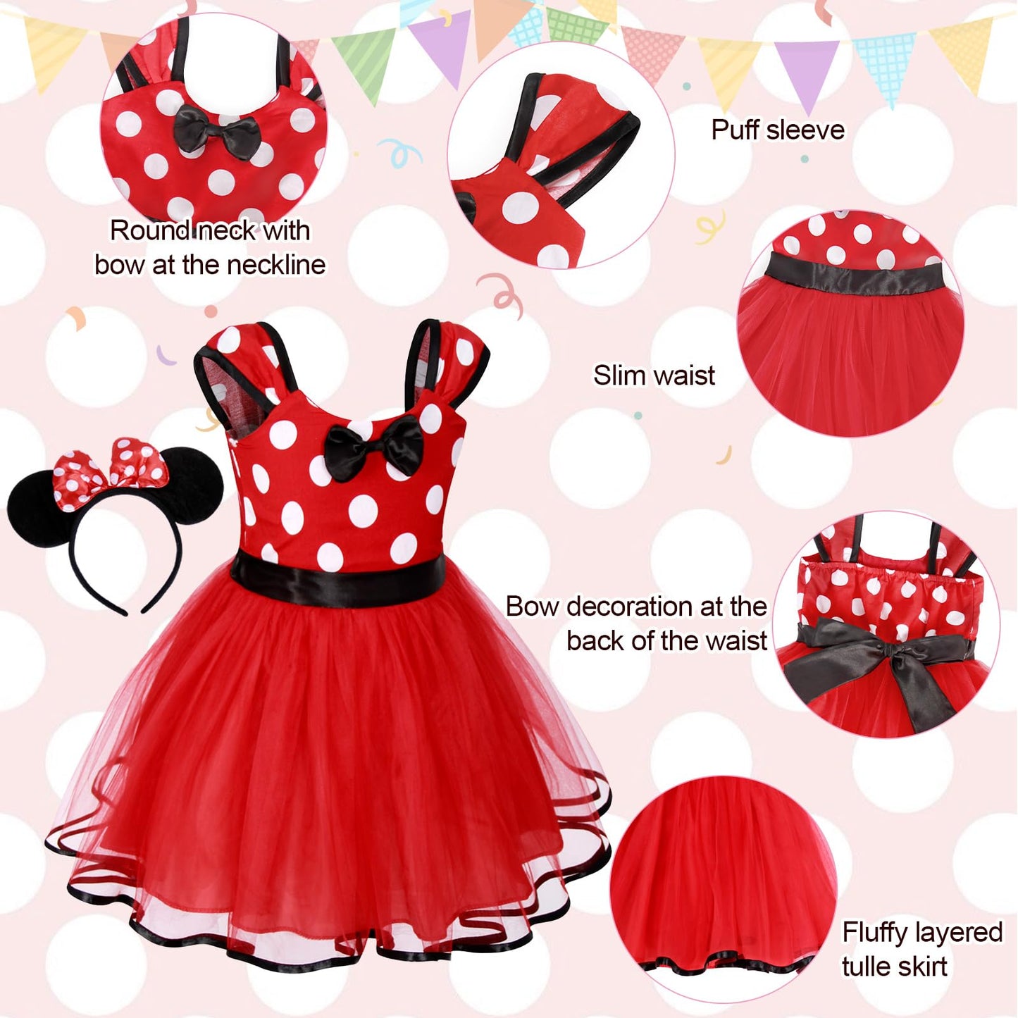 Eledobby Minnie Dress For Girls Princess Mouse Costume Birthday Party Polka Dots Tulle Tutu Dresses With Head Hoop Red 3-4T