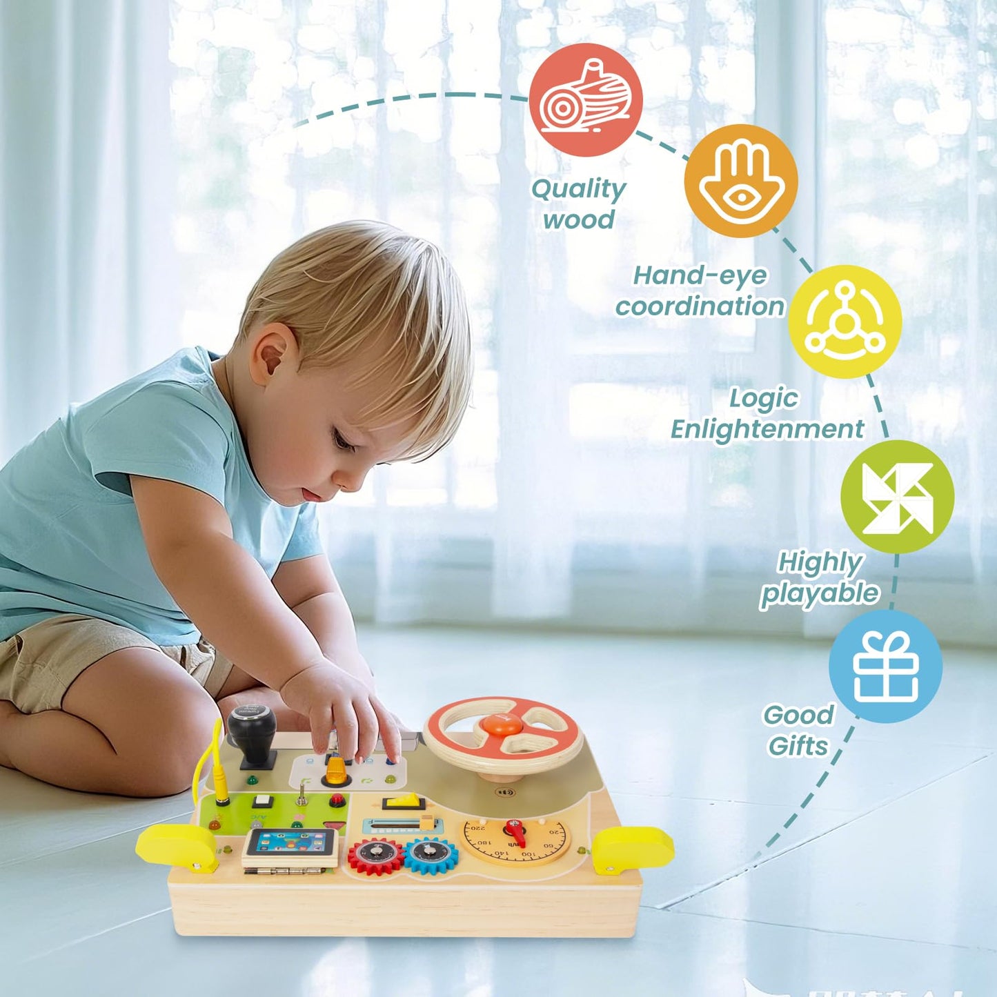 Montessori Busy Board for Toddlers Baby Busy Board Car Steering Wheel Wooden Sensory Board Travel Toys for Fine Motor Skill Gift