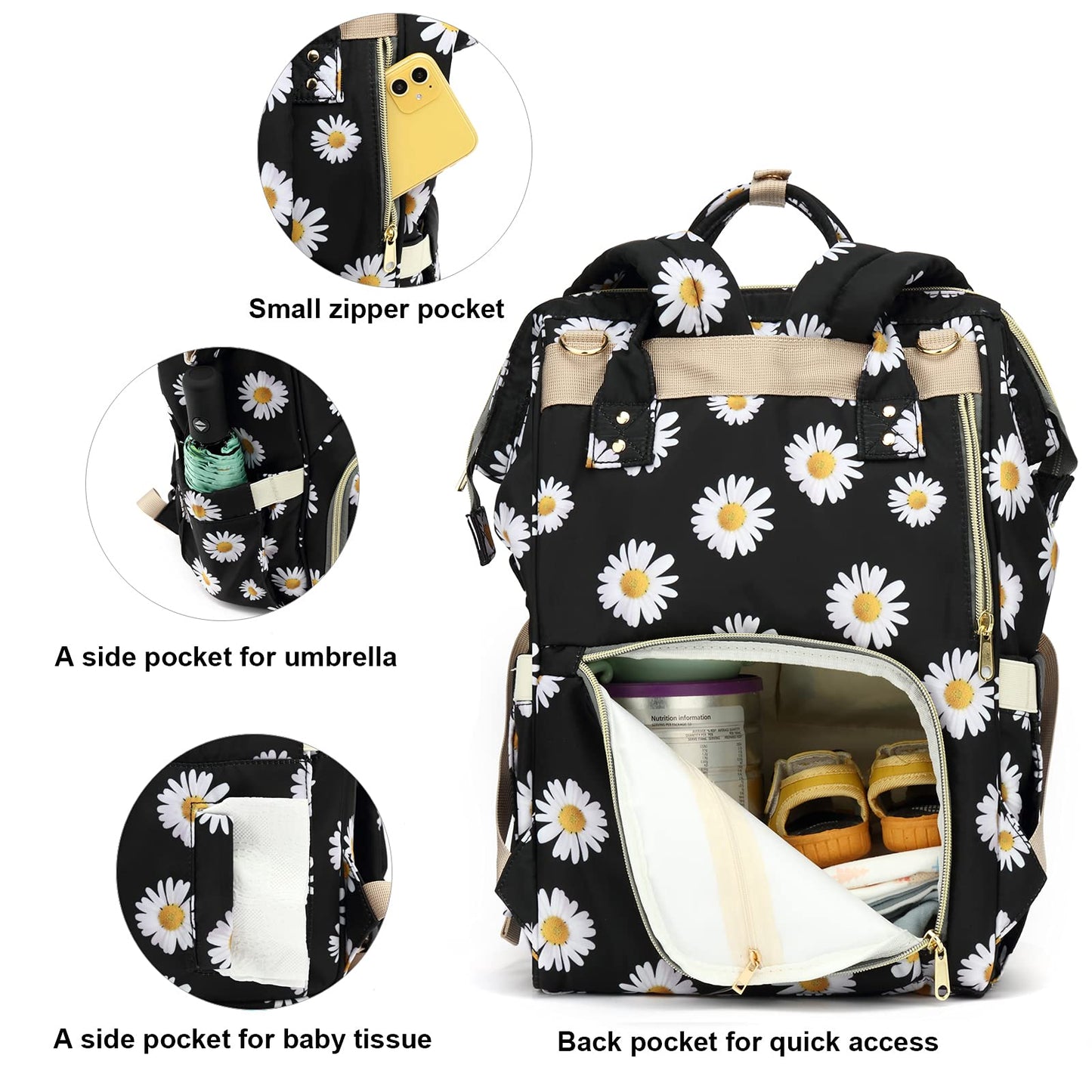 Yusudan Floral Diaper Bag Backpack For Baby Girls Boys, Flowers Mom Nappy Bags For Women (Daisy Black)