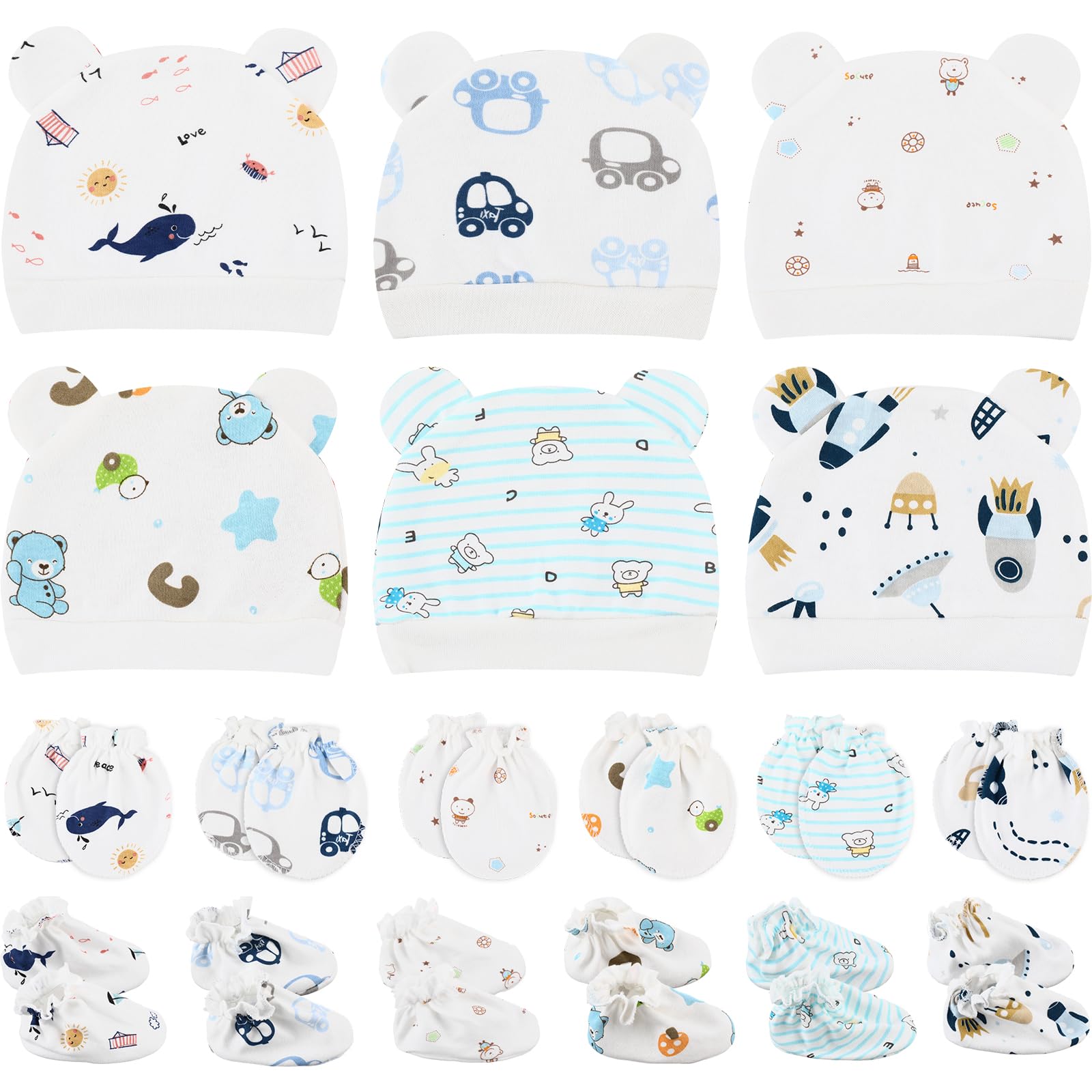 Geyoga 18 Pcs Baby Hats Mittens and Socks Set Newborn Mittens No Scratch Baby Hats and Newborn Socks for 0-6 Months(Boy)