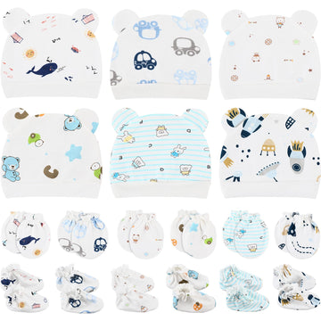 Geyoga 18 Pcs Baby Hats Mittens and Socks Set Newborn Mittens No Scratch Baby Hats and Newborn Socks for 0-6 Months(Boy)
