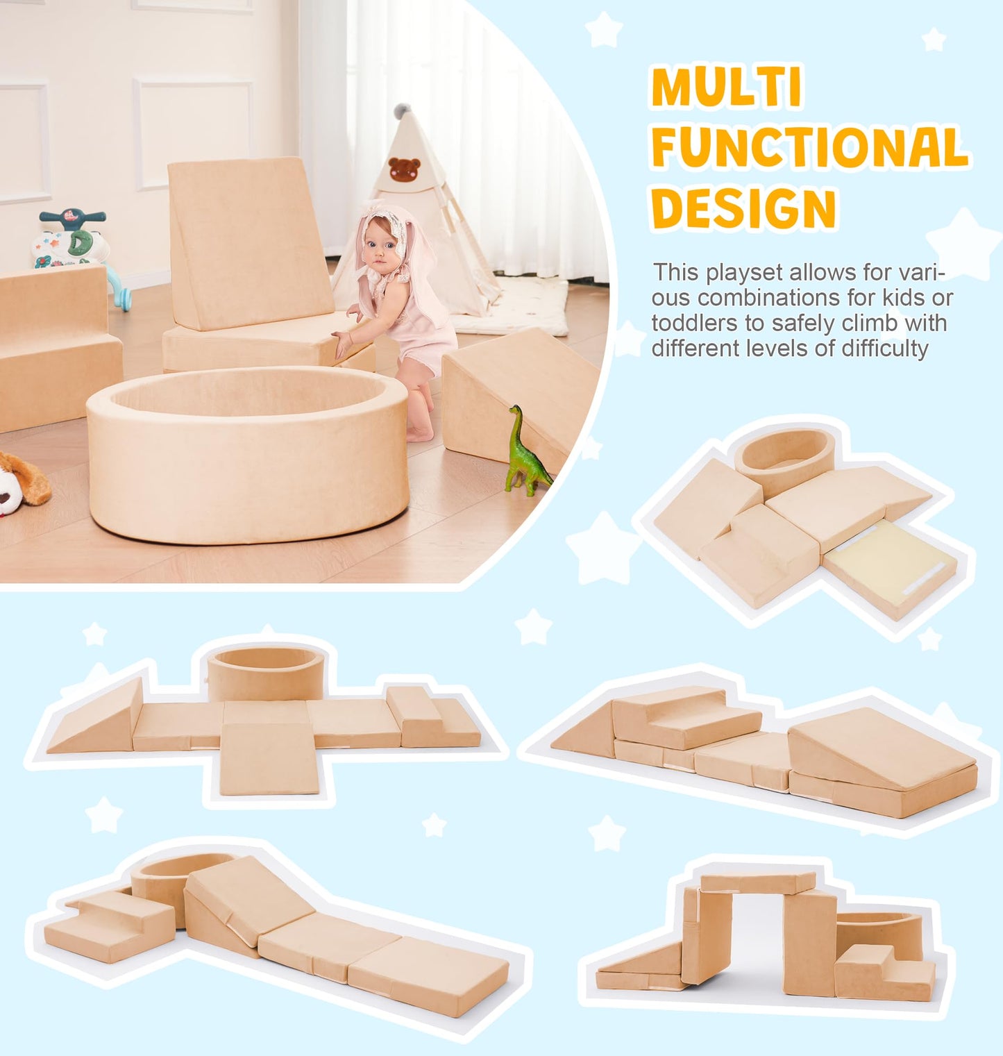 Elftopia Foam Climbing Blocks With Ball Pit & Stairs For Toddlers Aged 1-3 -Soft Playset For Indoor Crawling, Foam Playground Se