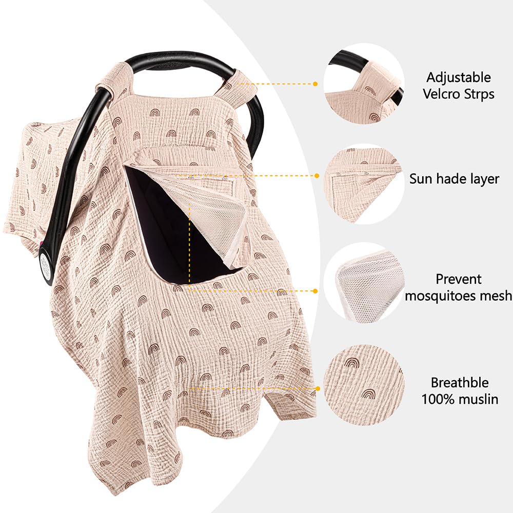 Primlect Car Seat Cover Baby, 100% Muslin Baby Car Seat Cover, 3 In 1 Carseat Sover, Carseat Cover For Baby Easy To Get In & Out