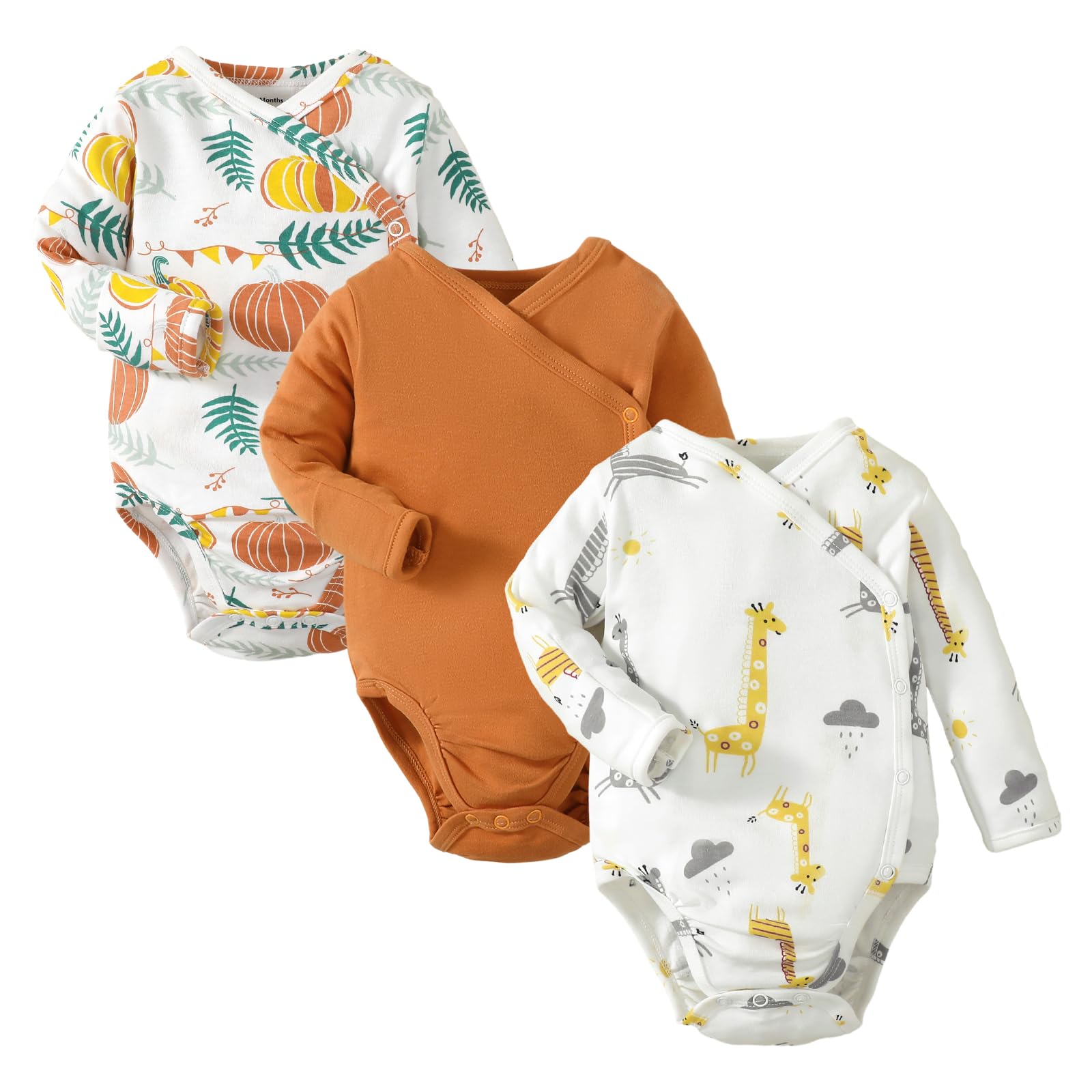Defahn Baby Side Snap Bodysuit Kimono Onsies Newborn Boy Girl 3-Pack 100% Cotton Basic Pattern Kimono Bodysuits