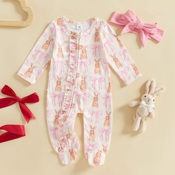 Doisbetthsay Valentines Day Baby Girl Outfit Long Sleeve Heart Print Romper Bodysuit Jumpsuit With Headband Baby Clothes (Bunny