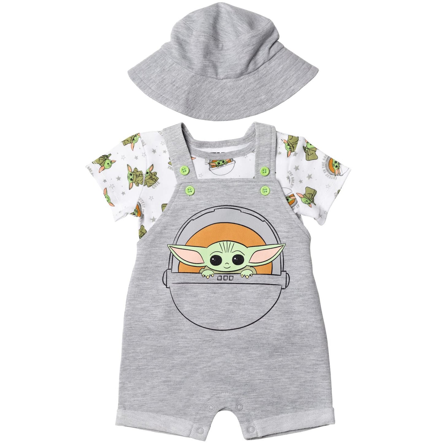 Star Wars The Child Newborn Baby Boys Short Overalls T-Shirt And Hat 3 Piece Outfit Set Grogu Gray 0-3 Months