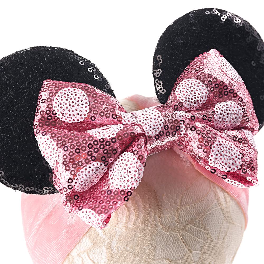 Jiahang Baby Girl Mouse Ears Headwrap With Sequin Polka Dot Bow, Wide Velvet Turban Hairband, Hair Bow Headband For Toddler, Kid