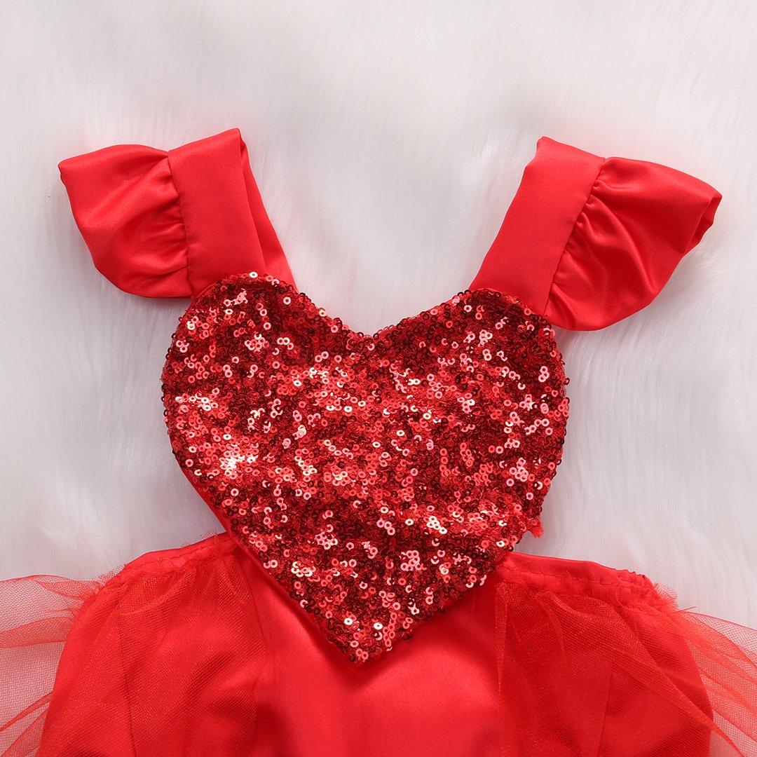 Newborn Baby Girls Valentine Romper Tutu Dress Fly Sleeve Heart Sequins Bodysuit Jumpsuit Summer Outfit 0-3Y (0-6M, Red)
