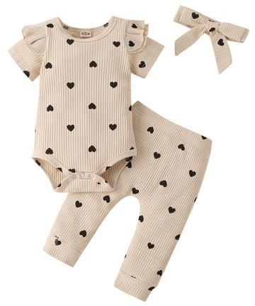 Fullfamous Infant Baby Girl Clothes Outfits,Spring Summer Romper And Pant Set 6-9 Months Ecru Heart