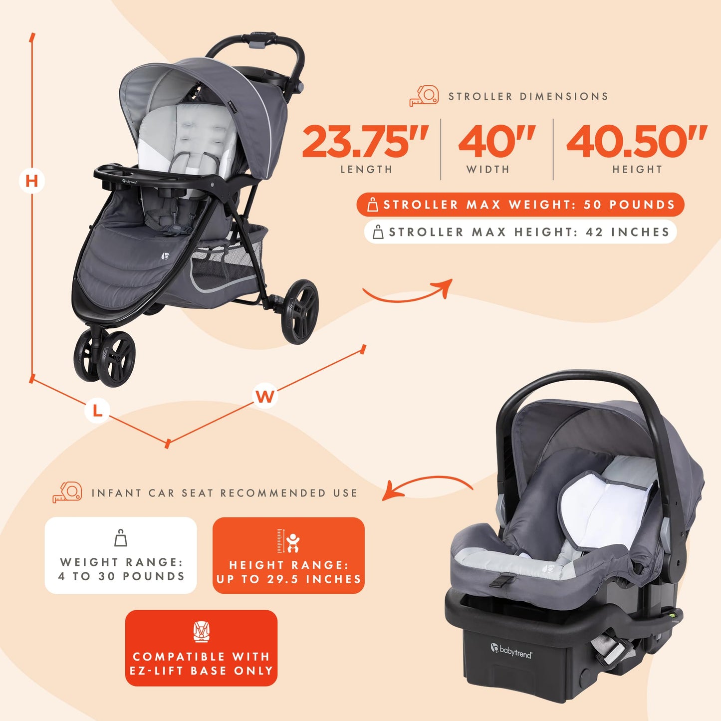 Baby Trend Ez Ride Travel System With Ez-Lift Infant Car Seat, Dash Grey